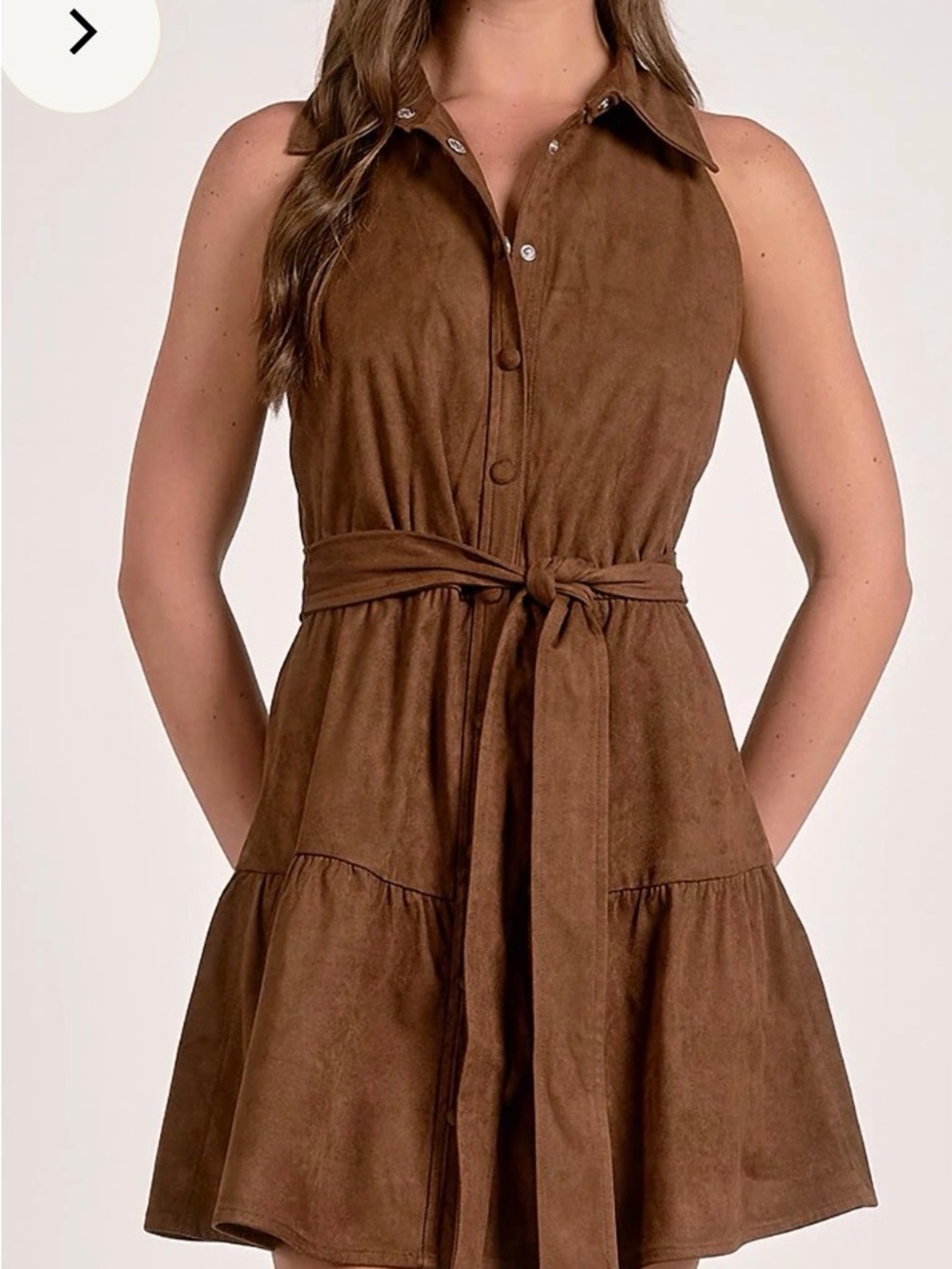 Brown Suede-feel Sleeveless Button-Front Dress